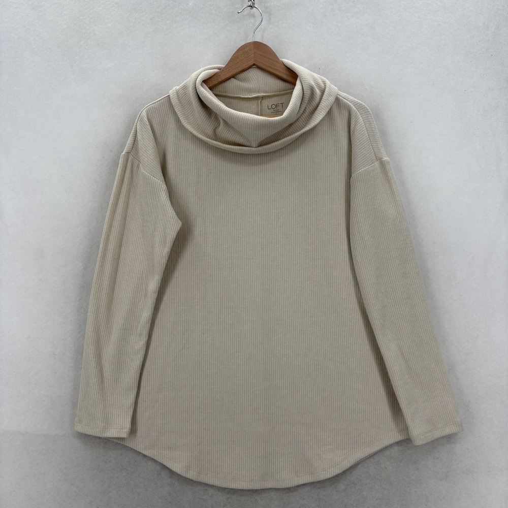 LOFT Blouse Womens Large Beige Ribbed Cowl Neck Long Sleeve Knit Tunic Work NWT